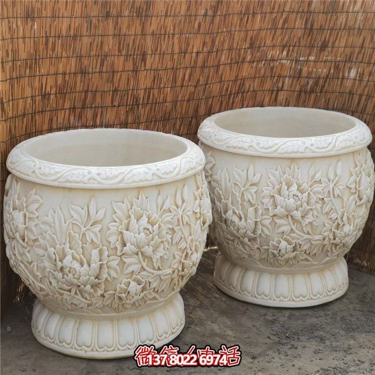 漢白玉浮雕荷花養(yǎng)魚(yú)缸，精美庭院裝飾戶外中式花盆