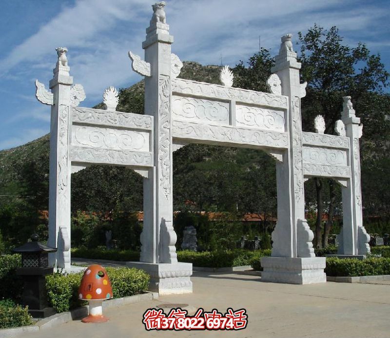 精致園林景觀，漢白玉華表浮雕祥云門樓石牌坊