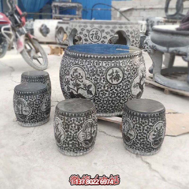 梅蘭菊竹浮雕石桌石凳，休閑庭院圓形裝飾