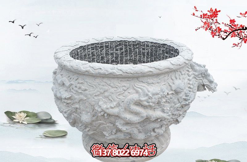 漢白玉石雕龍浮雕水缸雕塑，為庭院增添優(yōu)雅氣息
