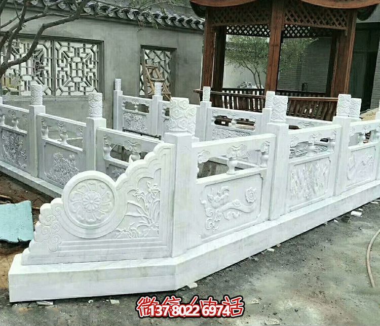唯美古典庭院，池塘裝飾雕塑，漢白玉欄桿